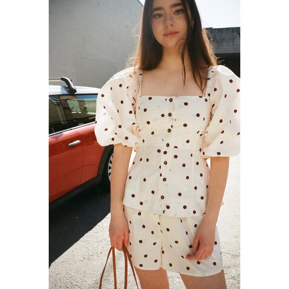 Ganni Polka Dot Printed Cotton Poplin Square Neck Top White Brown Sz 6 - Picture 1 of 9